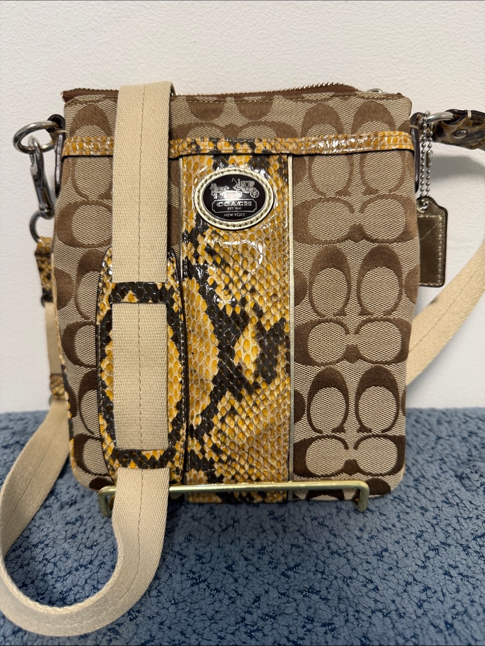 Coach Brown Signature Crossbody with Yellow Snakeskin Trim